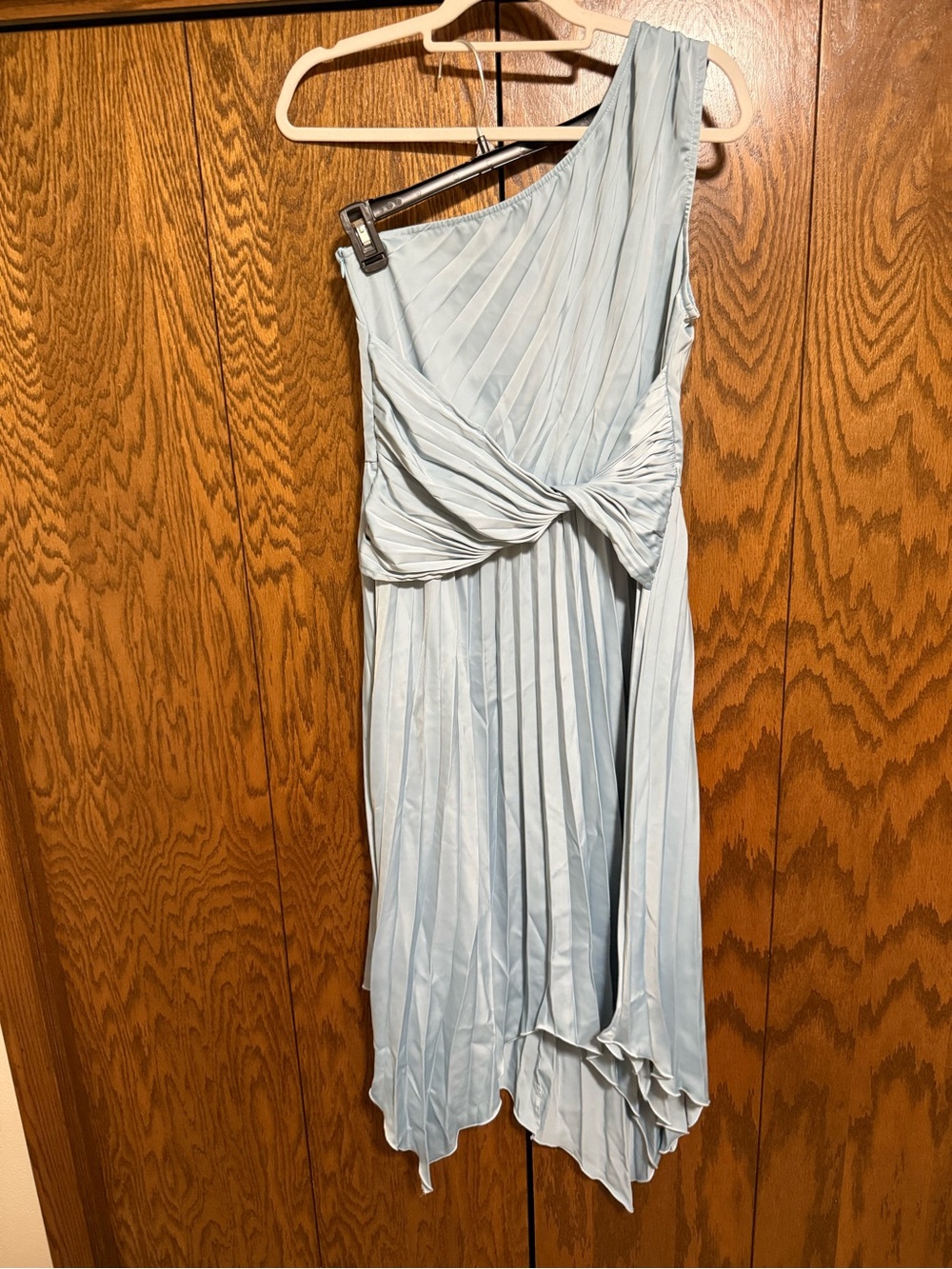 One-Shoulder Pleated Light Blue Knot-Front Dress